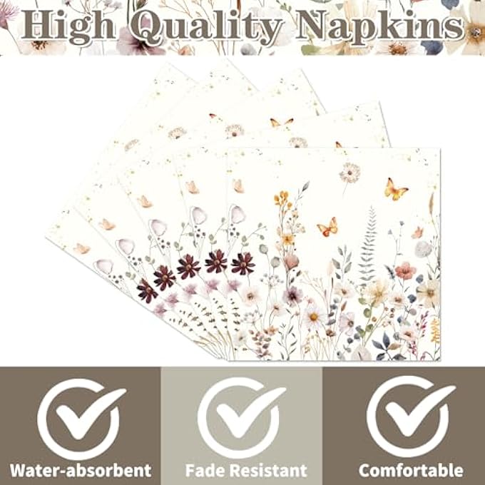 PACK OF 50 NAPKINS FLOWERS, PAPER NAPKINS, WILD FLOWER, ABSORBENT DISPOSABLE NAPKINS, FLOWERS TABLE DECORATION FOR BIRTHDAYS, PARTIES, WEDDINGS, COMMUNIONS - Image 2